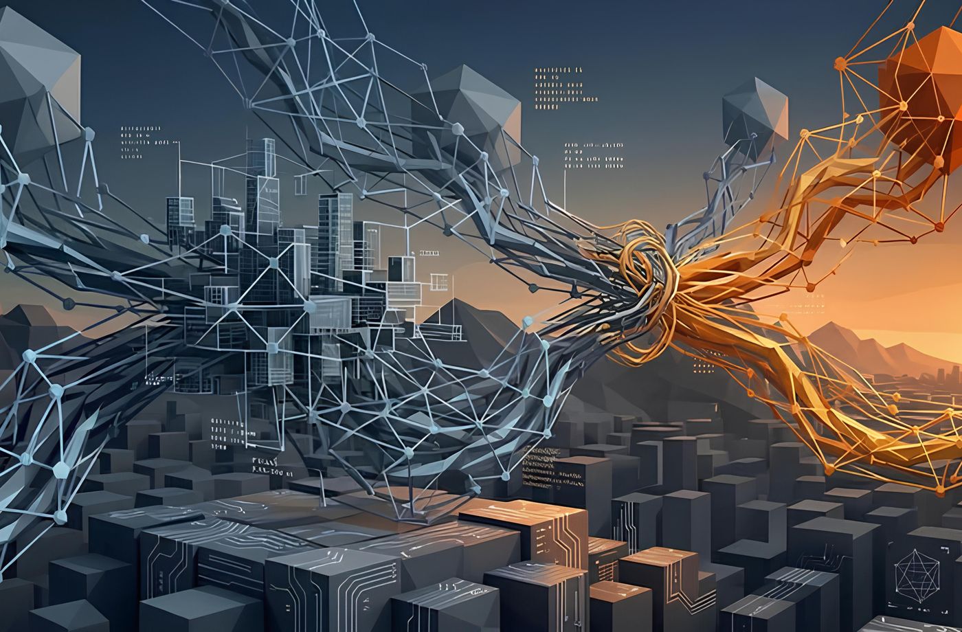 Illustration: a gray digital network rising over a low-poly city, knotted into glowing orange strands at sunset